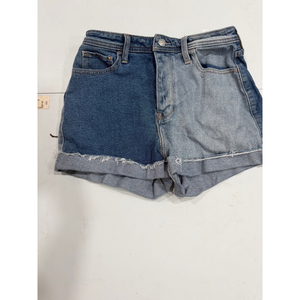 Hollister High Rise Two Tone Colorblock Denim Shorts Blue Contrast Frayed Hem